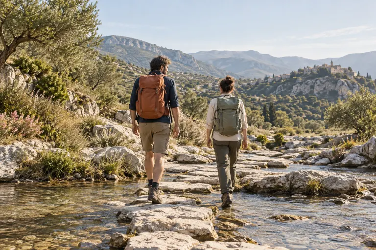 Due escursionisti attraversano un torrente di montagna su pietre affioranti.